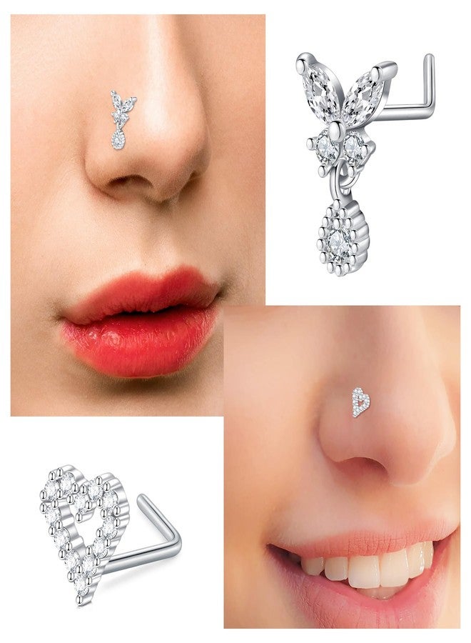 JFORYOU 6PCS 20G Dangle Nose Rings Studs Stainless Steel L Shaped Nose Studs Heart Butterfly CZ Nose Rings for Women Men Nostrial Piercing Jewelry Silver - Image 4